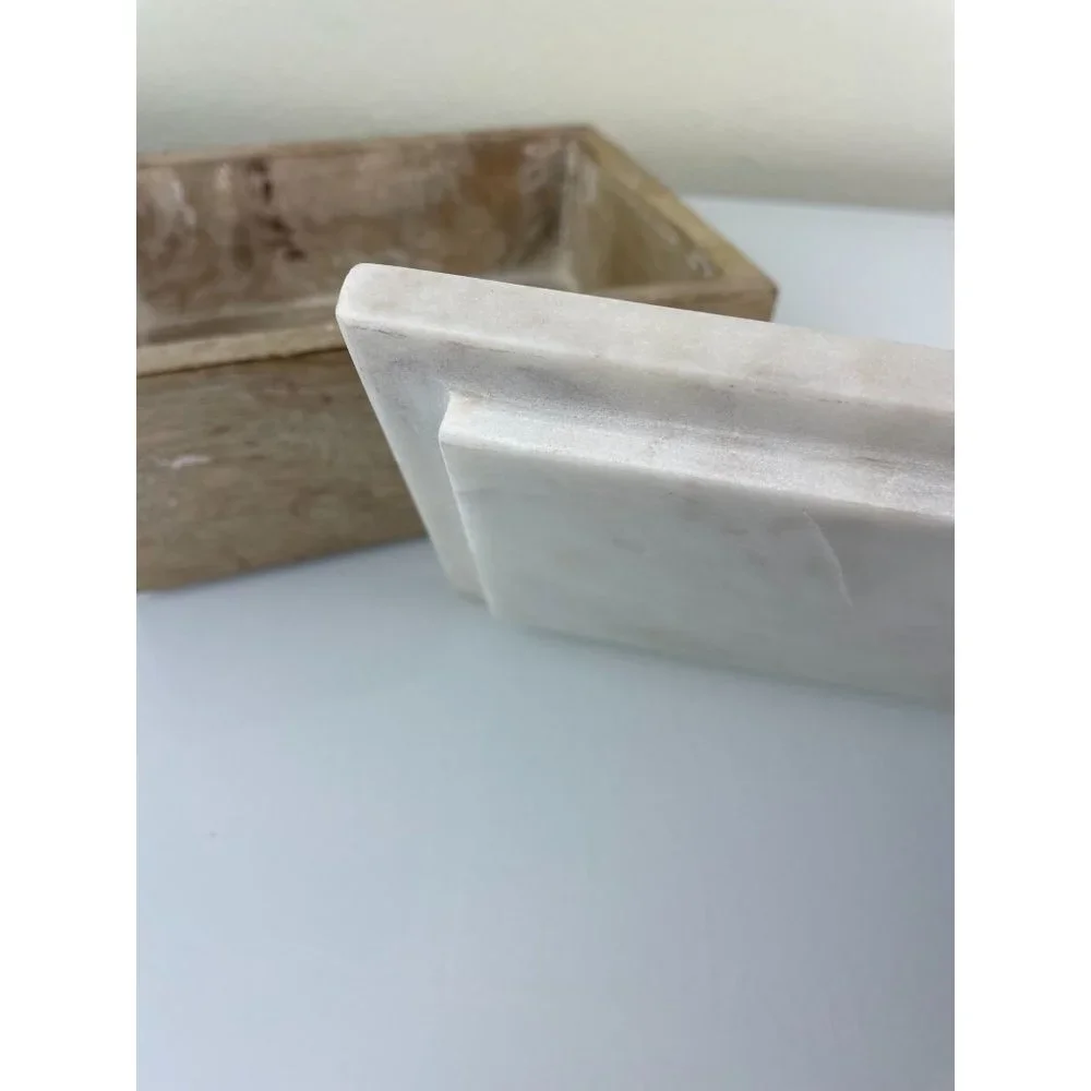 Portofino Home Marble Top Wooden Trinket Jewelry Box Made in India Decor White